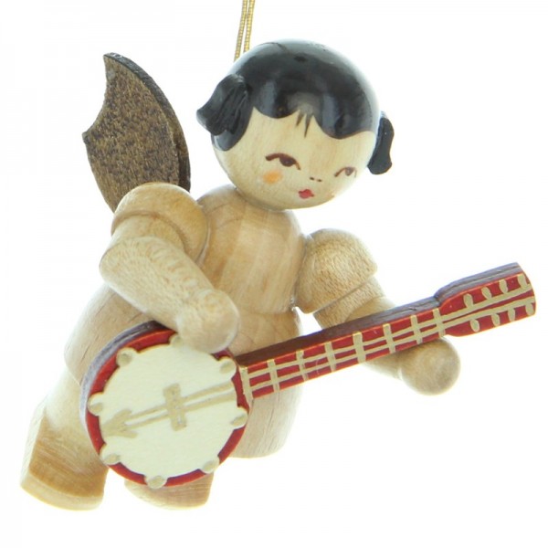 Uhlig Engel schwebend mit Banjo, natur, handbemalt