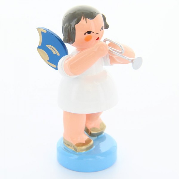 Uhlig Engel stehend mit Piccolotrompete, blaue Flügel, handbemalt