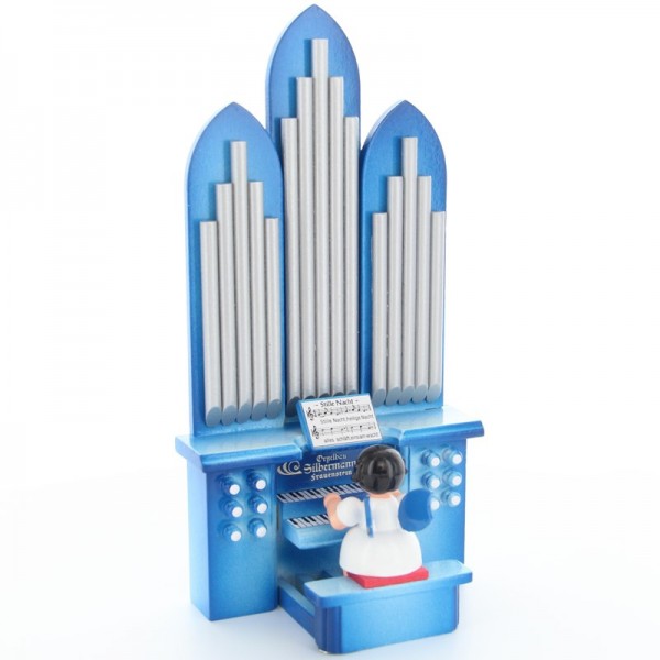 Uhlig Engel sitzend an der Orgel mit Spielwerk Stille Nacht" Kurzfassung, blaue Flügel, handbemalt