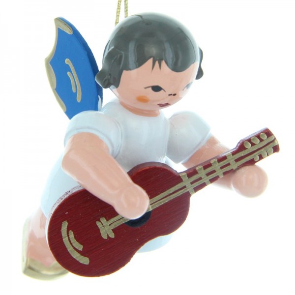 Uhlig Schwebeengel mit Gitarre, blaue Flügel, handbemalt