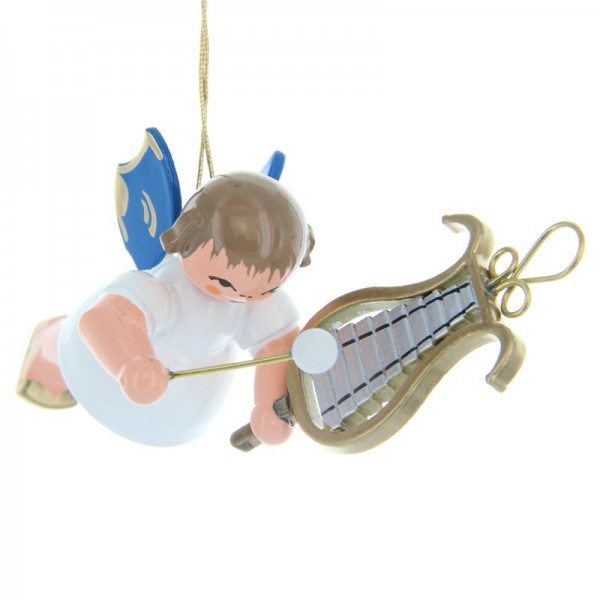 Uhlig Schwebeengel mit Glockenspiel, blaue Flügel, handbemalt