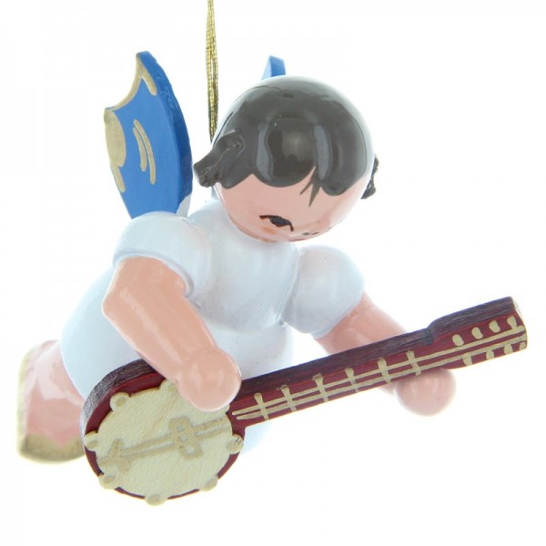 Uhlig Schwebeengel mit Banjo, blaue Flügel, handbemalt